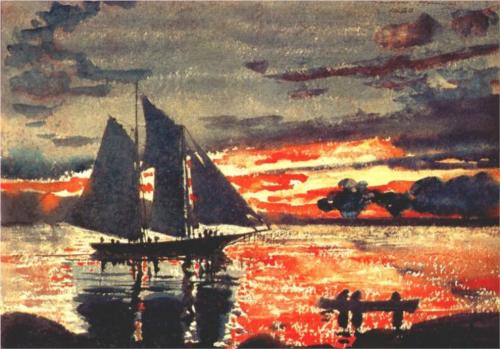 Watercolor Painting: Sunset Fires Winslow Homer 