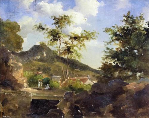 Village at the Foot of a Hill in Saint Thomas, Antilles" Camille Pissarro 