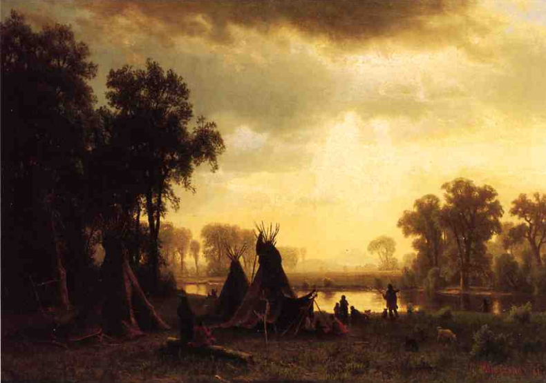 "An Indian Encampment" Oil Painting Albert Bierstadt 