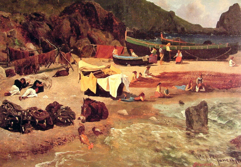 "Fishing Boats at Capri" -Oil Painting Albert Bierstadt