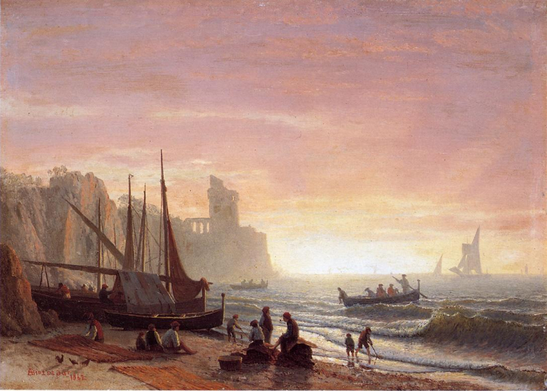 "Ships in Moonlight" - Oil Painting Albert Bierstadt
