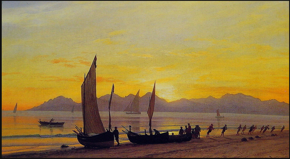 "Boats Ashore at Sunset" - Oil Painting Albert Bierstadt 