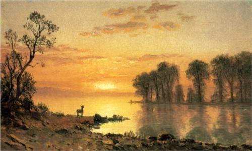 "Sunset, Deer, and River" -Oil Painting Albert Bierstadt 